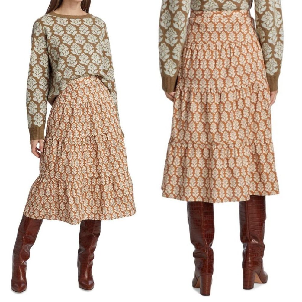 NWT RHODE Laine Tiered Cotton Skirt In Floral Stamp Camel Size Large